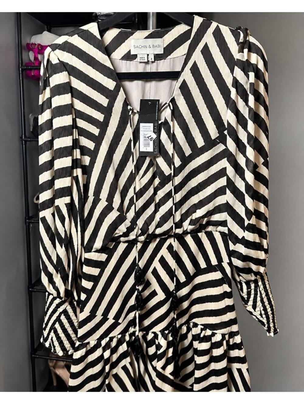Sachin & Babi Stripe Mini Dress Size 2 Black Ivory Long Sleeve NWT